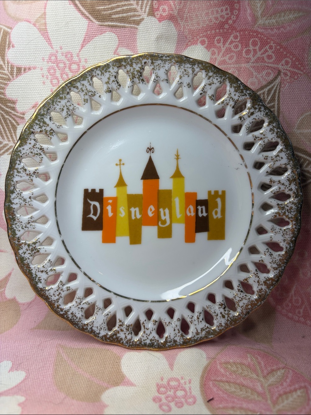 Disney Porcelain Trinket Dish in White with Orange, Yellow & Brown Castle Motif